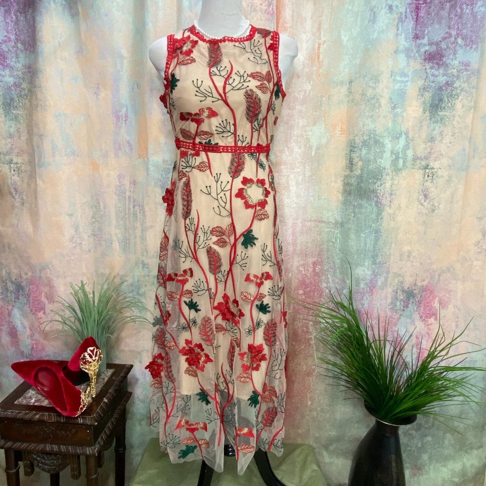 📌Simgent Mesh Dress Embroidery Flower Elegant Festive Lace Dress - Picture 5 of 16